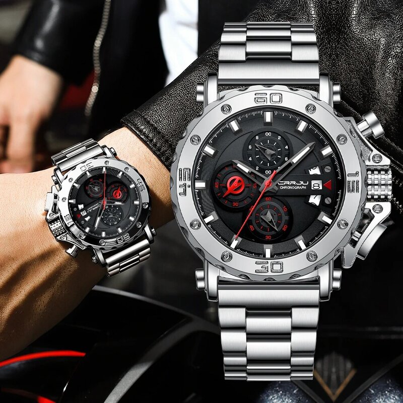 CRRJU นาฬิกาผู้ชายสแตนเลสธุรกิจนาฬิกากันน้ำนาฬิกาสะท้อนแสง Mens Luxury Sport นาฬิกาข้อมือควอตซ์
