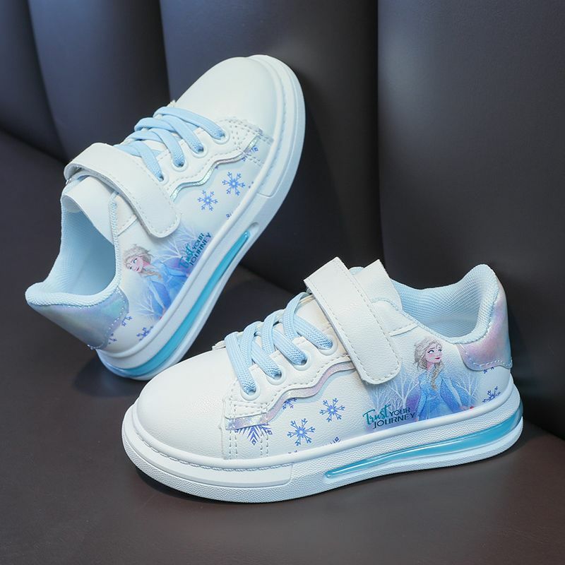 Disney Girls' scarpe bianche PU Leather Cartoon Princess Elsa Frozen Shoes Spring Girl Baby scarpe sportive impermeabili Flats Size 26-3