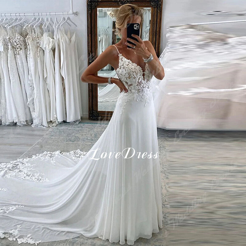 Love dress elegante tiefe Brautkleider mit V-Ausschnitt 2024 Spitzen applikationen rücken frei A-Linie Brautkleid ärmellose Tüll Vestido de Noiva