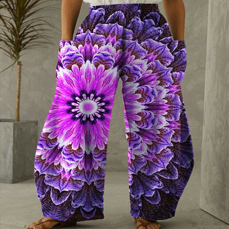 Calça casual feminina estampada em 3D colorida, bloom irregular, moda vintage, verão