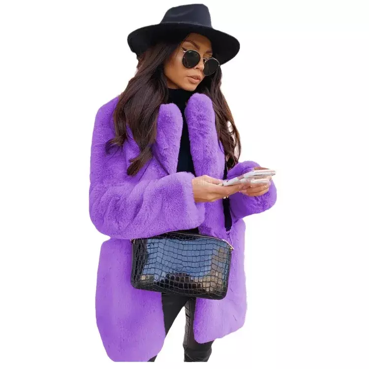 Женское пальто из искусственного меха, фиолетовое зимнее пальто с длинным рукавом и отложным воротником, новинка 2023, модные темпераментные офисные женские меховые куртки, красная одежда