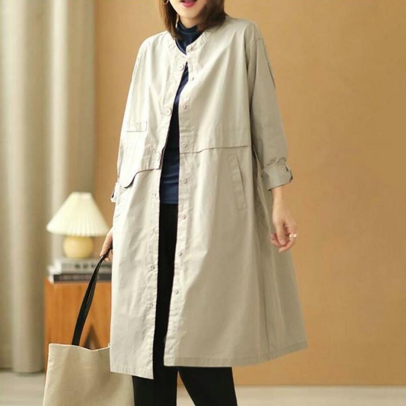 Open Placket Jacket Solid Color Trench Coat Stylish Plus Size Trench Coats for Women Loose Fit Solid Colors Pockets for Fall