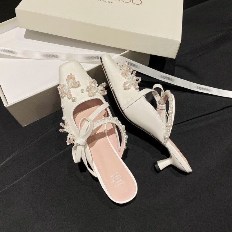 2024 Pearl Pink Ballet High Heels Pointed 5cm Slim Heel Skirt Outdoor Banquet Slippers 34-40 Bow Summer Birthday Party Sandals