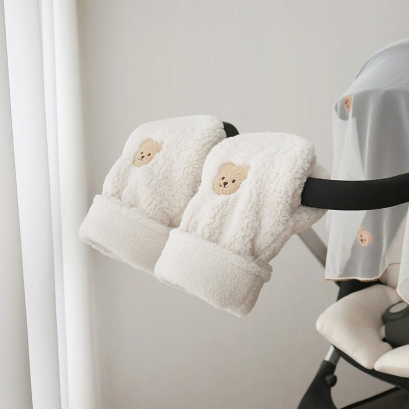 Stylish Baby Stroller Handmuff Cartoon Bear Embroidered Gloves for Winter Season New Dropship