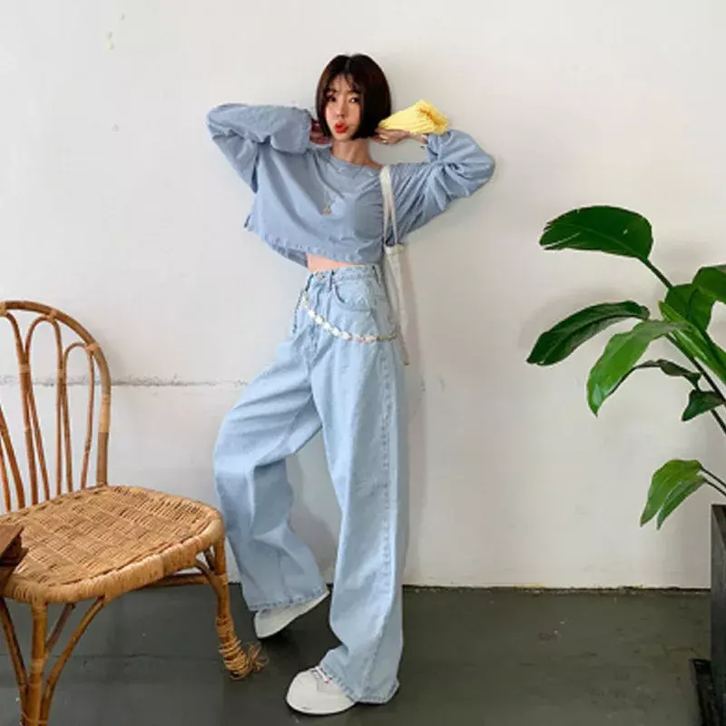 Pantaloni blu chiaro lavati alla moda pantaloni Casual a gamba larga coreani dritti a vita alta pantaloni con straccio Jeans larghi abbigliamento donna