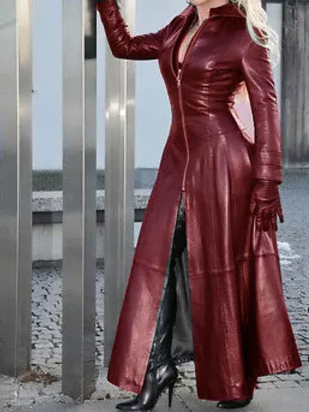 Jaket panjang kulit Cyberpunk wanita, jaket kasual longgar kancing warna polos musim dingin