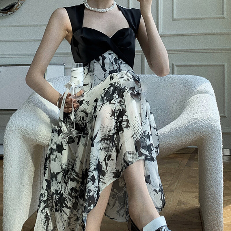 Versão coreana de preto e branco impresso suspender vestido verão nova saia longa sem mangas vestido de cintura alta festa