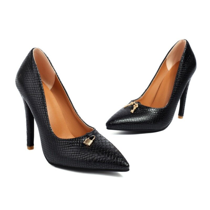 2024 Camouflage Metal Key 11.5cm High Heel Sandal Lock Accessory Professional Single Shoe Big Size 35-47 Black snake Woman Shoes