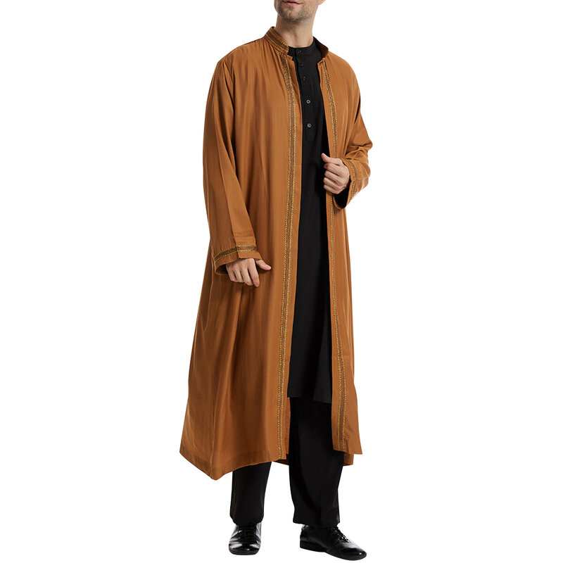Ropa tradicional de Oriente Medio para hombres, vestido musulmán islámico Jubba Thobe, cárdigan con cuello levantado, bata con bolsillos, estilo básico diario