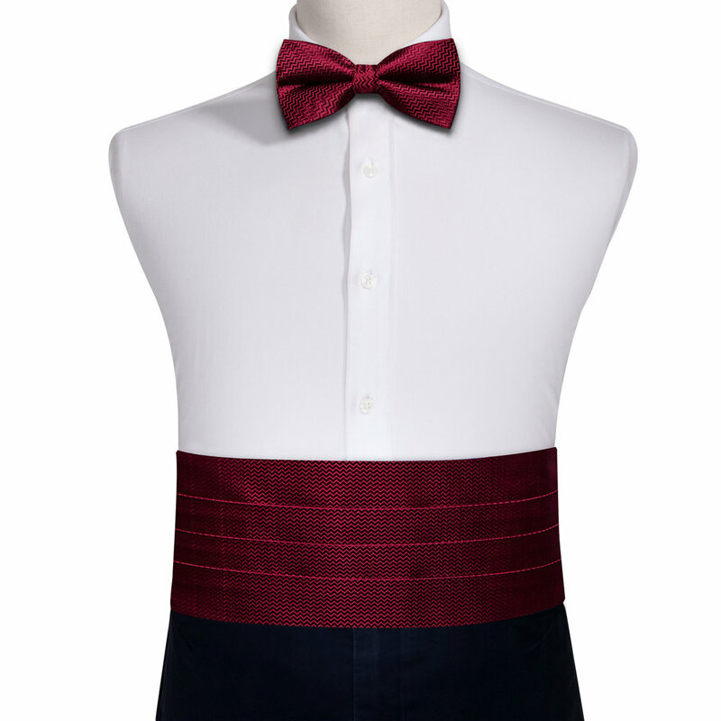 Элегантный винно-Красный Мужской Шелковый Cummerbund для смокинга, классический волнистый галстук-бабочка, карманные Квадратные запонки, наборы для свадебной вечеринки Barry.Wang 1067