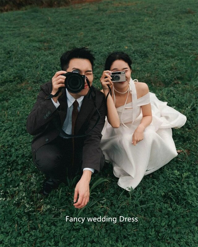 Phantasie Korea einfache Taft eine Linie Hochzeits kleid Fotoshooting Kurzarm Garten Ballkleid langen Schwanz von der Schulter