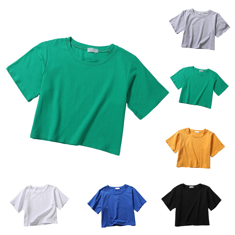 Krótki T-shirt bluzki szaro-niebieskie krótki Top zielone z okrągłym dekoltem krótki T-shirt lato jednolity kolor biały żółty 80% bawełna