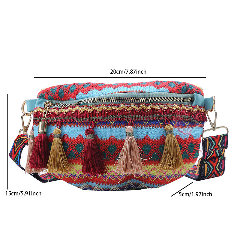 Tas pinggang gaya etnis wanita, tas pinggang wanita dengan tali dapat diatur, warna beragam, tas Fanny dengan dekorasi pinggiran, tas dada selempang