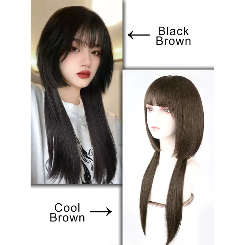 Synthetic Princess Cut Bangs Natural Look Long Wig With Bangs 24 Inch Long Heat-Resistant Drak Brown Wig For Women