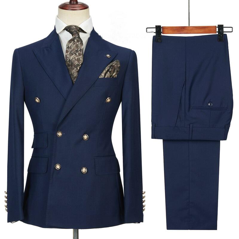 Najnowsze wzory spodni płaszczowych Niebieski dwurzędowy garnitur męski Biznesowy 2-częściowy zestaw męski Ślubny wieczór Garnitury Kurtka Spodnie