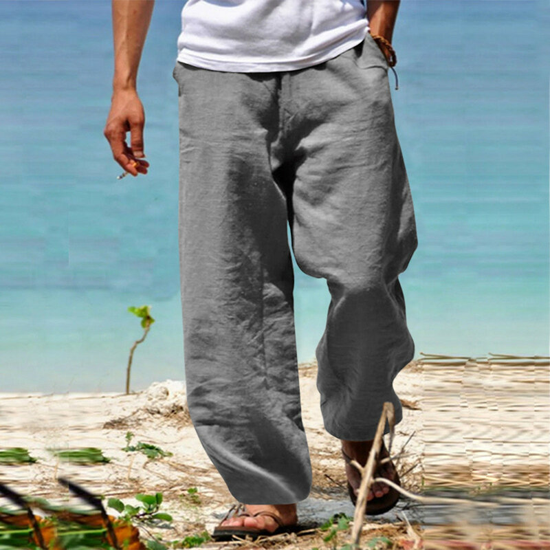 Celana panjang katun Linen pria, Bawahan kasual longgar bernafas warna polos, pakaian jalanan Fitness musim panas