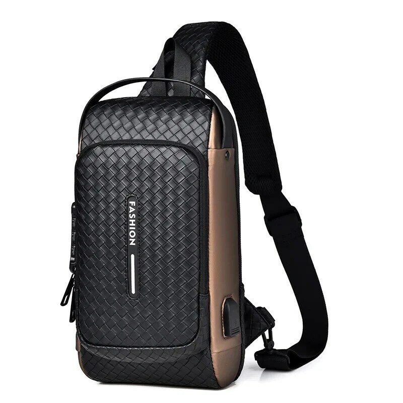 Tas ransel Fashion pria, tas selempang portabel dengan pengisian daya Pria USB tas anti-maling, pita tas dada luar ruangan olahraga PU Port