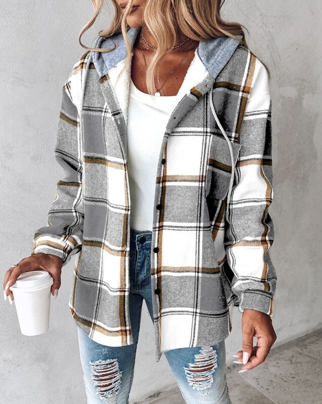 Women's Plaid Print Buttoned Hooded Shacket New 2023 Autumn Winter Long Sleeve Casual Female Clothing Thermal Warm Fashion Coat