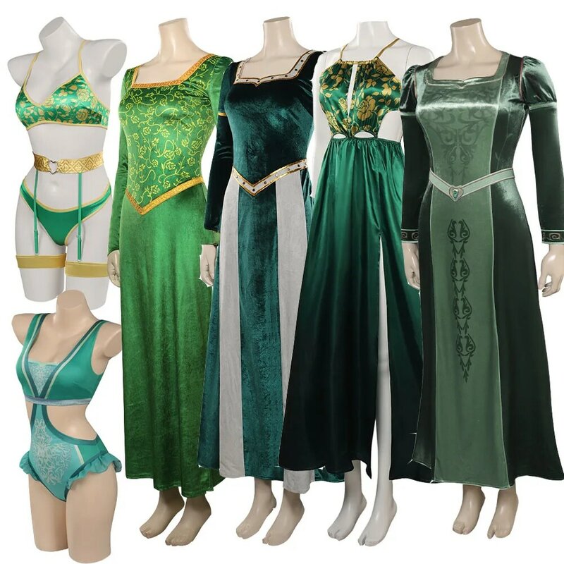 Weibliche Prinzessin Fiona Cosplay Frauen Kostüm Badeanzug Kleid Shorts Outfits Halloween Karneval Party Anzug für Mädchen grüne Kleidung