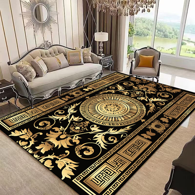 Karpet dekoratif emas mewah untuk ruang tamu, karpet rumah dekorasi Eropa dan Amerika Area besar dapat dicuci, keset samping Sofa santai