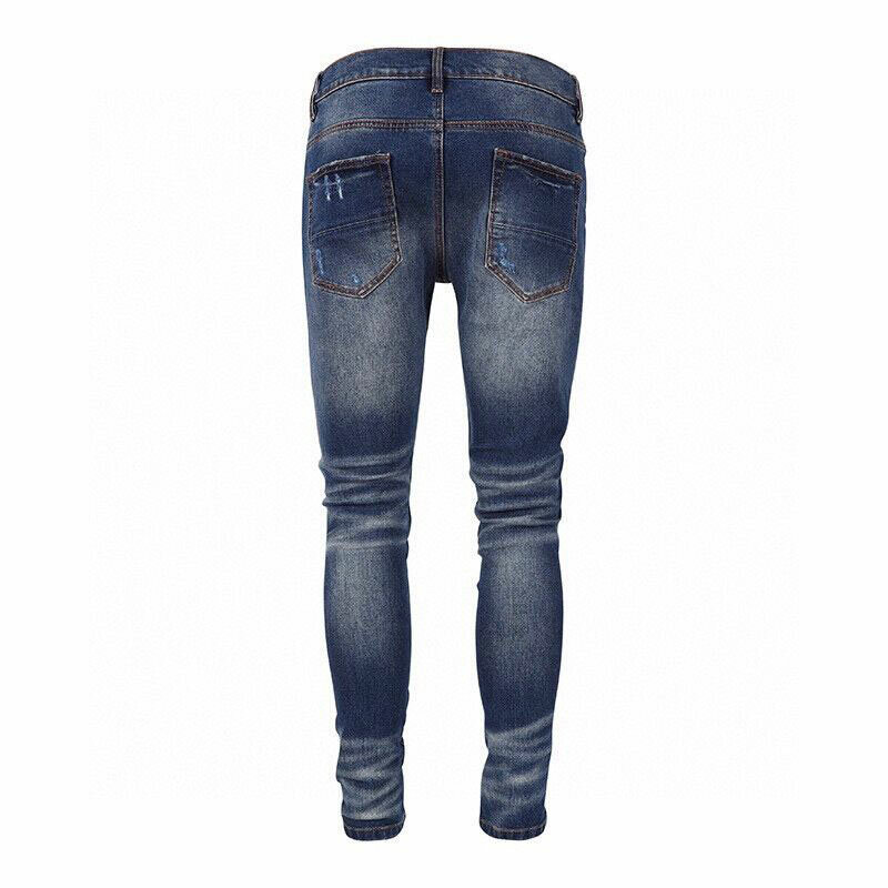 Fashion celana jins pria Streetwear, Jeans Retro biru gelap melar Skinny Fit sobek untuk lelaki bercetak desainer Hip Hop