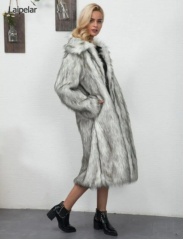 Zimowa damska długi płaszcz ze sztucznego futra gruba pełna rękaw puszysta luksusowa kurtka futrzana 2023 Mujer ciepła futrzana kudłata odzież wierzchnia