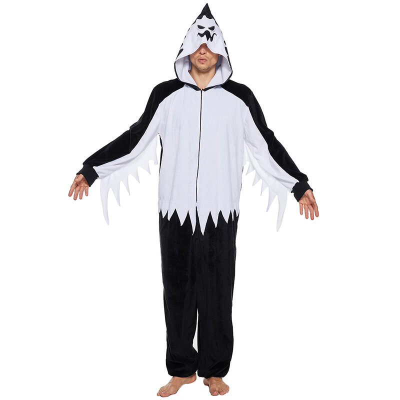 Piyama Hantu Putih Eraspooky untuk Dewasa Jumpsuit Uniseks Bertudung Ritsleting Kostum Halloween Gaun Fantasi Cosplay Hantu Paskah