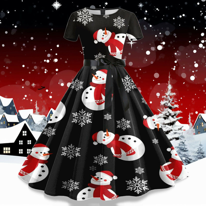 여성용 크리스마스 프린트 반팔 맥시 튜닉 셔츠 드레스, 1950 년대 주부 이브닝 파티, 무도회, 여름 캐주얼 드레스