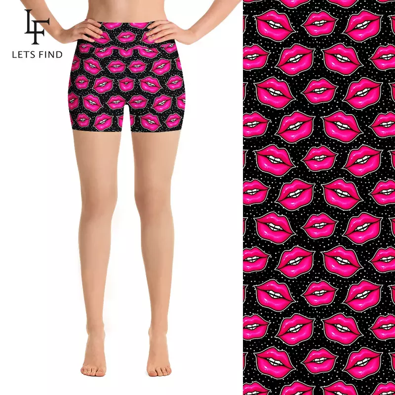 Letsfind moda sexy feminina de cintura alta elástico calças curtas rosa lábios imprimir feminino poliéster casual leggings