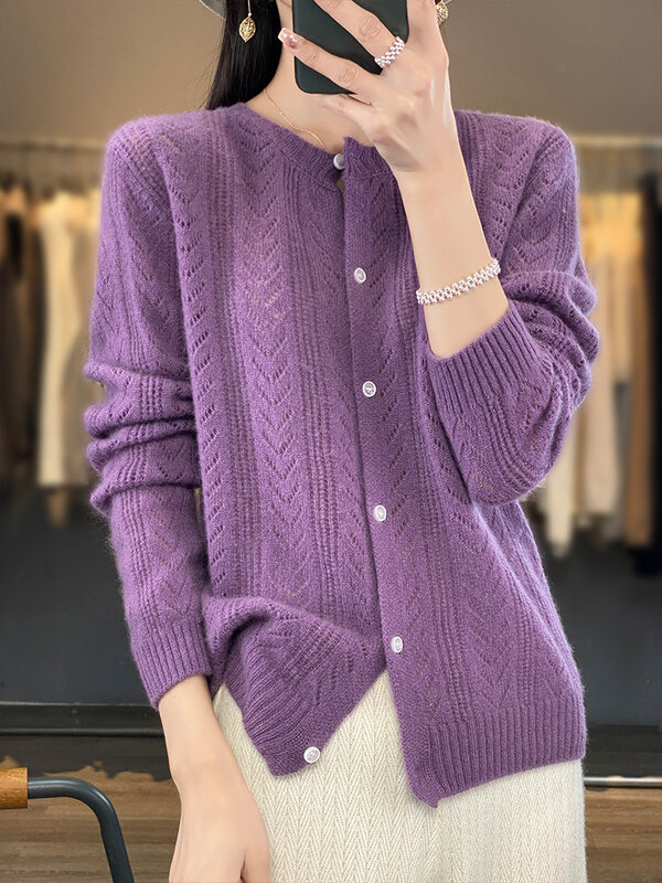 Cardigan en laine à col rond pour femmes, pull à manches longues, tricot en Y, style de mode coréen, vêtements d'extérieur, crochet, nouveau
