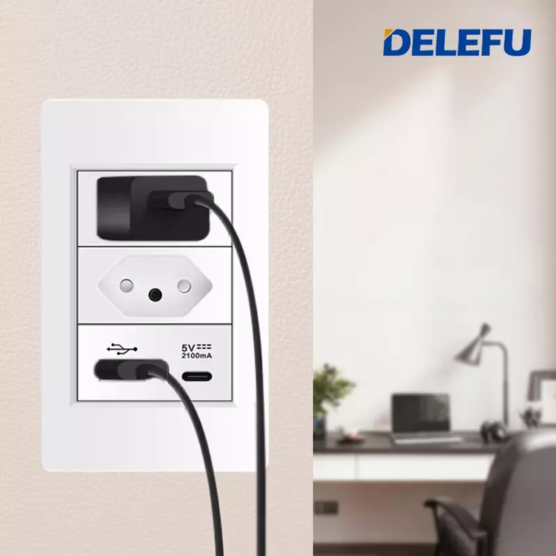 DELEFU Fireproof PC Panel Brazil Standard Outlet Double USB Type C Wall Power Socket Light Switch Office 118*72mm White 10A 20A
