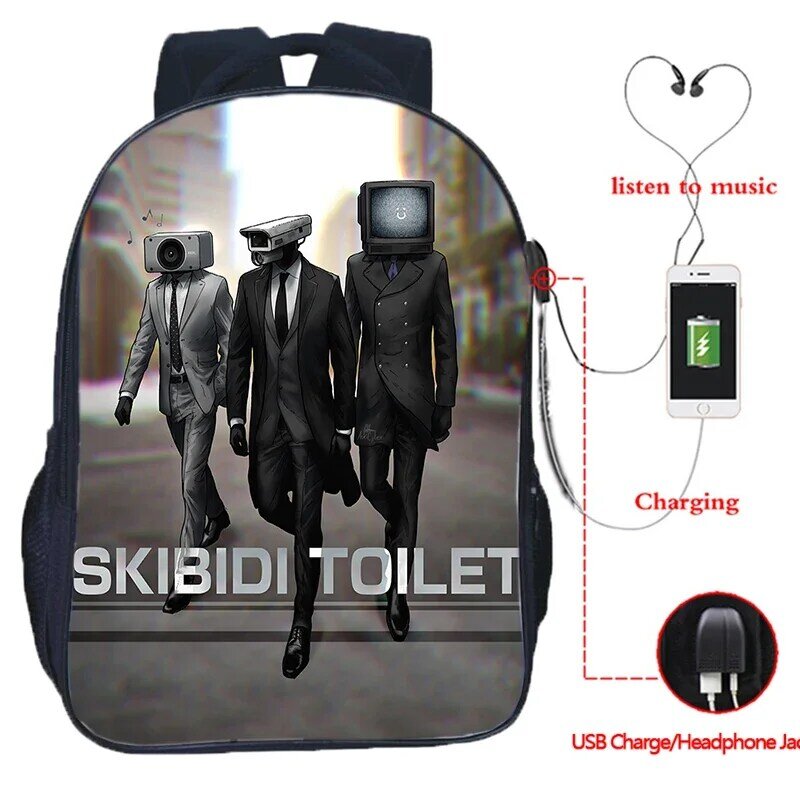 Skibidi กระเป๋าเป้สะพายหลังชาร์จ USB สำหรับวัยรุ่นเด็กชายกระเป๋านักเรียนลายการ์ตูนนักเรียนกระเป๋าเป้แล็ปท็อปกระเป๋านักเรียน