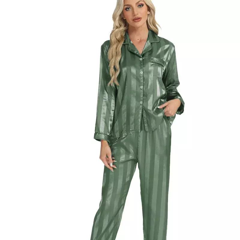 Conjunto de Pijama a rayas de seda sintética para Mujer, ropa de dormir de satén con botones de manga larga para primavera y verano, 2 piezas