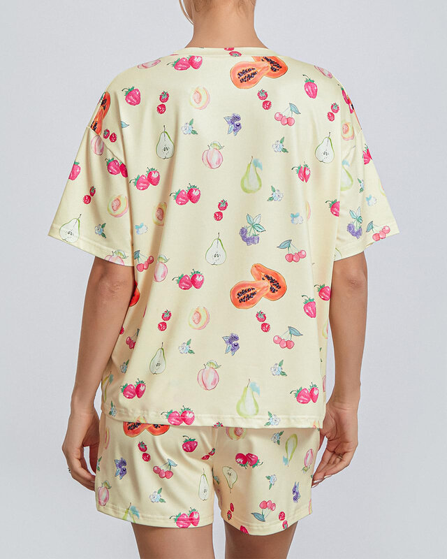Zestawy piżam damskie VAGUELETTE śliczne nadruk z owocami T koszula i szorty 2-częściowe stroje wygodna bielizna nocna komplety