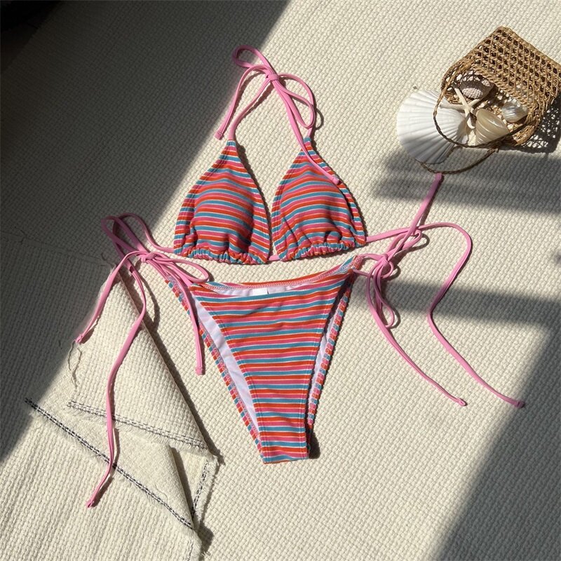2 Piece Women's Bikini Underwear+Top Summer Stripe Party Beach Holiday Sexy Casual Daily Hot Girl Streetwear Lace Up Robes