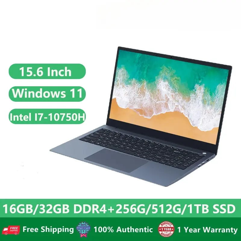 Laptop Gaming I7 Win11, notebook PC komputer Gen 10 2024 inci Intel Core I7-10750H RAM 32GB SSD 2TB kamera sidik jari 15.6