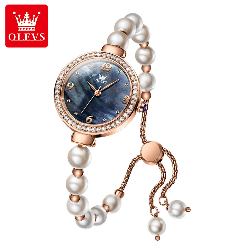 OLEVS-relojes de cuarzo con perlas para mujer, pulsera de lujo, resistente al agua, con diamantes, a la moda