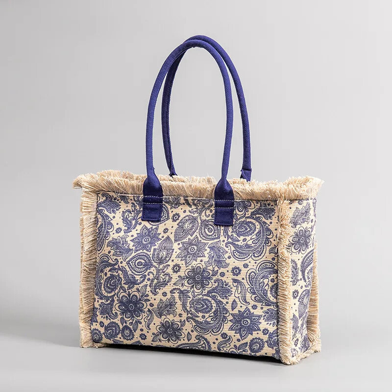 Tote Bohemian Retro Shoulder 2024 Spring and Summer Zipper Large Capacity Canvas Bag Women's Handbag
