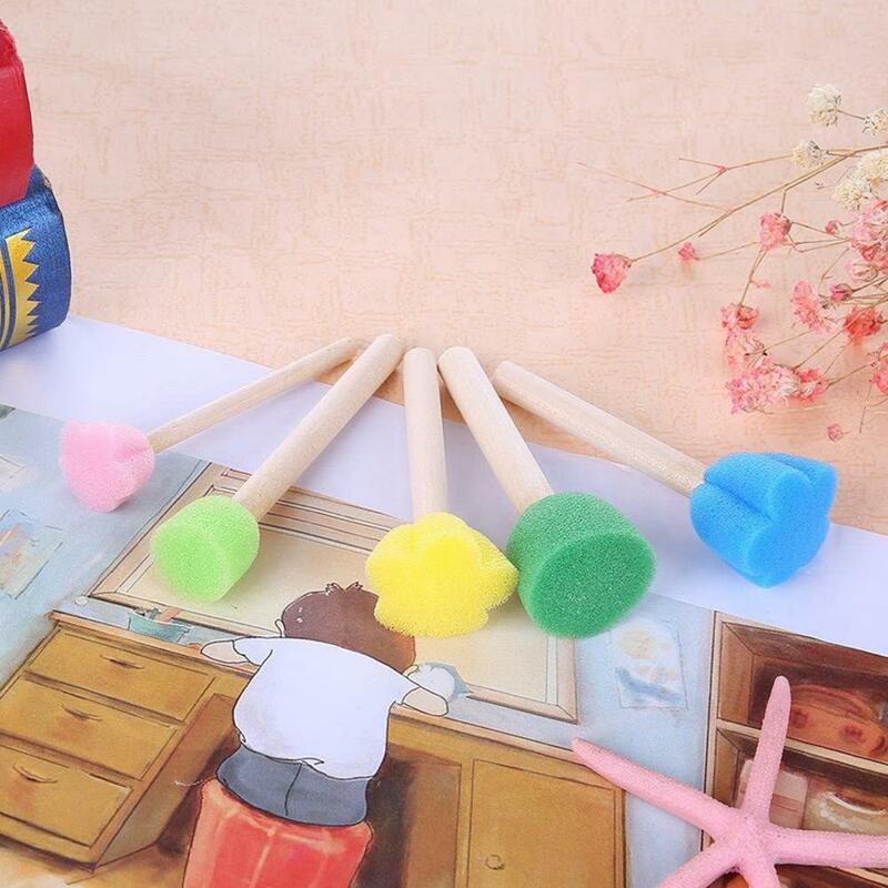 Stempel pola geometris serbaguna lukisan anak-anak stensil pegangan kayu spons stempel busa Set sikat untuk Diy seni kerajinan untuk anak-anak