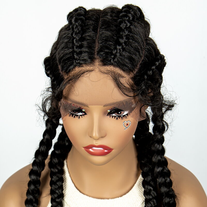 Wig kepang Cornrow sintetis 36 inci untuk wanita, Wig kepang rambut Afro kotak Frontal renda rambut untuk wanita warna hitam