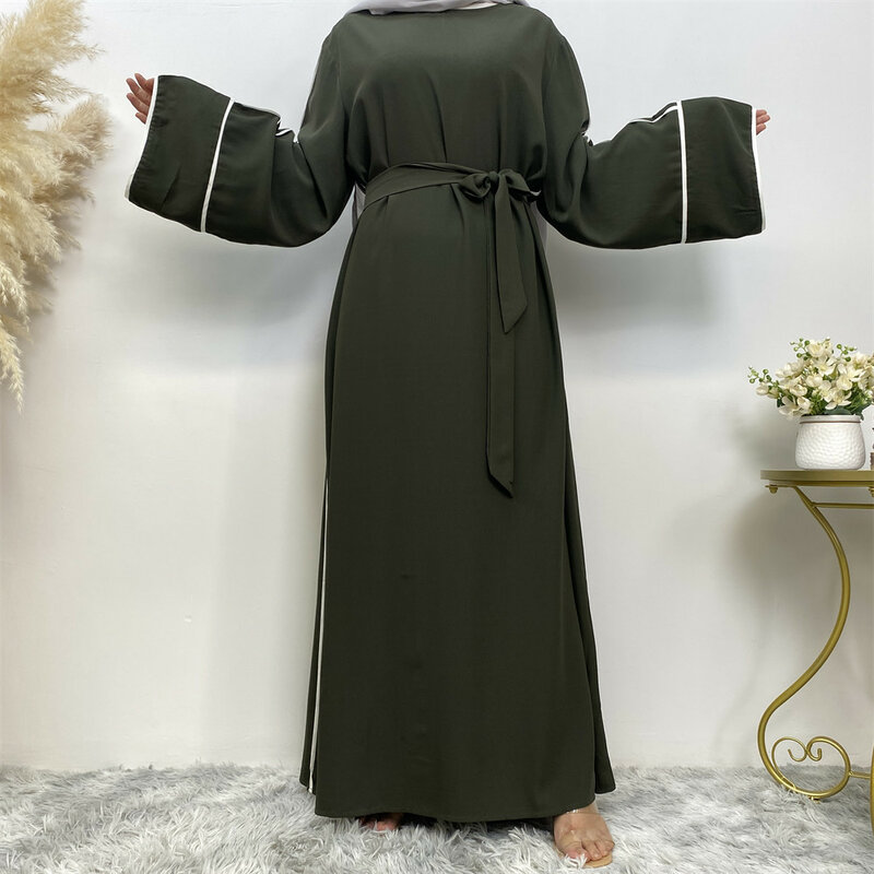 Robe longue à lacets pour femmes musulmanes, abaya de Dubaï, couleur unie, simple, avec ceinture, vêtements islamiques, caftan