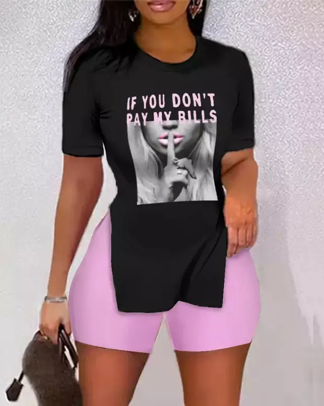Print Two Piece Shorts Sets Women Round Neck Short Sleeve T Shirts Tops Suits Side Split Elastic Waist Trousers Summer 2023