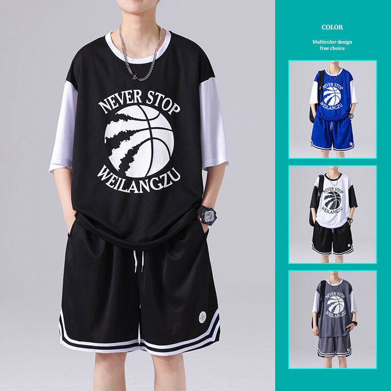 Men's Summer Sets 2024 New Casual Basketball Print T-Shirt+Shorts Set Male Sports Suit Solid Color Tracksuit Loose Fashion Suits