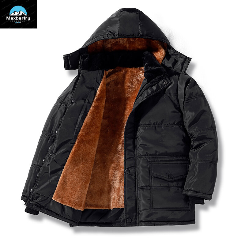 Мужское зимнее пальто Паркер с плюшем для теплой и холодной защиты пальто с капюшоном однотонная свободная Мужская одежда для улицы и работы