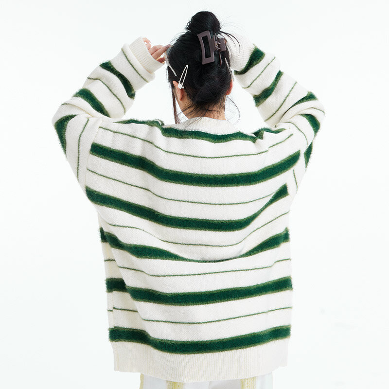 Streetwear Hit Color Striped O-neck Sweater for Men Oversized Rib Sleeve Knit Pullovers Winter Casual Simple Couple Knitwear