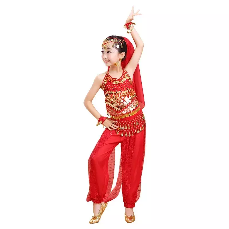Conjunto de trajes de danza del vientre para niños, danza Oriental, ropa de danza del vientre de la India, 6 colores