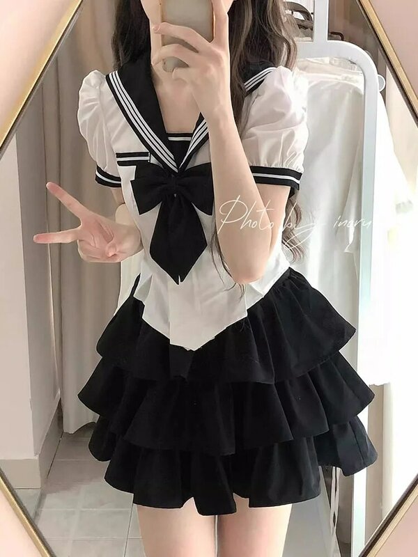 Korean Sweet JK Uniform Preppy Style Sailor Collar Shirt 2024 Summer New Fashion Color Contrast Stitching Bow Blouse  Skirt Sets