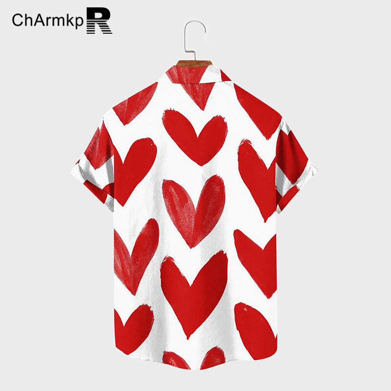 Charmkpr-Men's Heart Print Lapel Shirt, Tops de Manga Curta, Roupas Masculinas, Camisas Verão, Streetwear, Moda, S-2XL, 2024