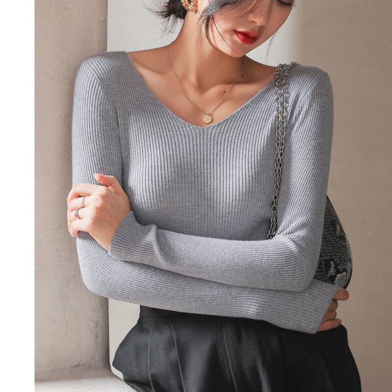 White V-neck Bottoming Shirt Women's Spring and Autumn Winter Korean Version of The Knitted Sweater All-match Slim Women