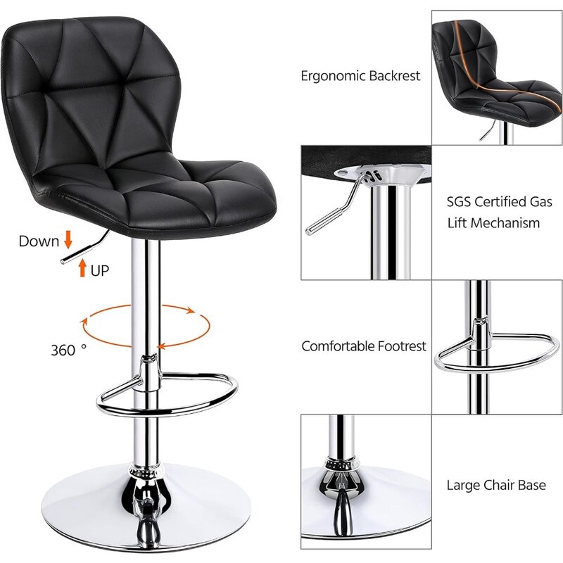 Modern PU Leather Bar Stools Set, Counter Stool, Cadeiras com Encosto, Altura Ajustável, Giratória Alta, Preto, 2